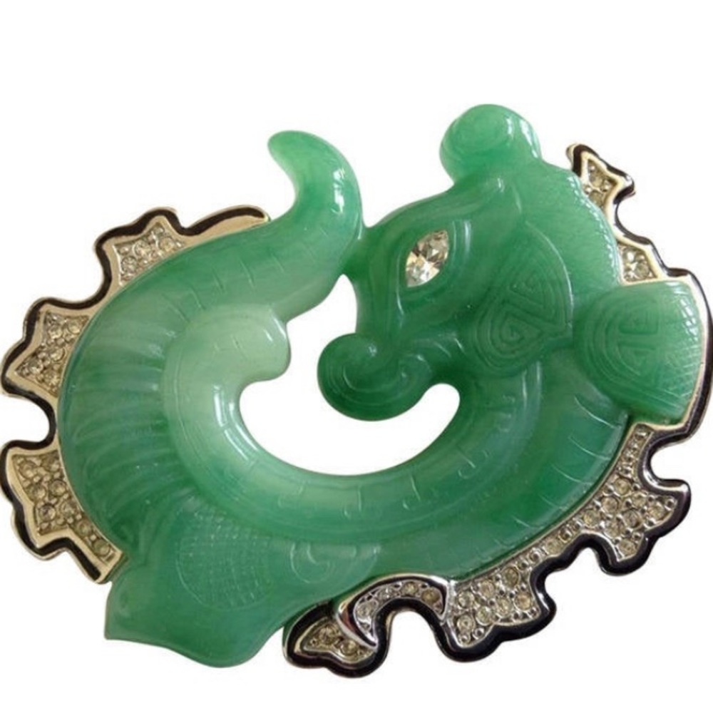 KJL Kenneth Jay Lane Faux Jade and Rhinestone Fish Dragon Brooch Pin
